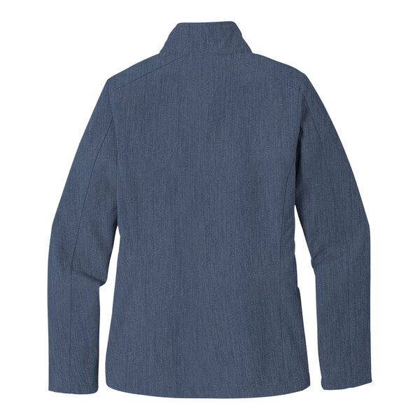 A close up of a Port Authority women's navy heather soft shell jacket.
