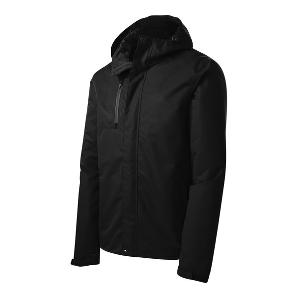 A black Port Authority parka jacket with a zipper and a hood.
