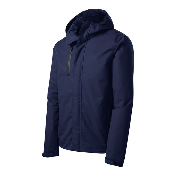A Port Authority True Navy parka jacket with a hood and zippered pockets.