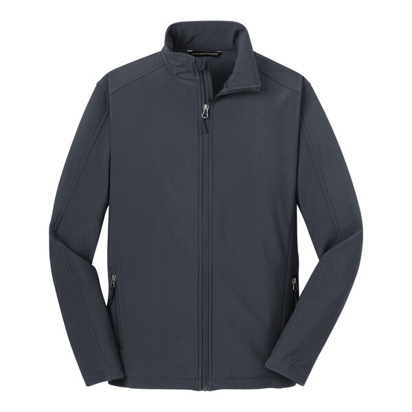 A Port Authority Battleship Gray core soft shell jacket with a zipper.