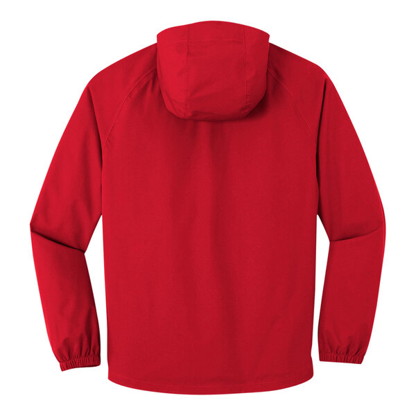 A Port Authority red rain jacket with a hood.