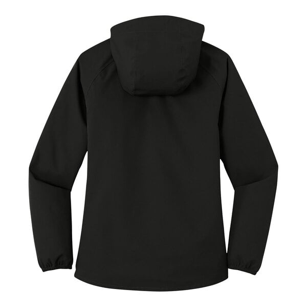 A Port Authority black rain jacket for women with a hood.