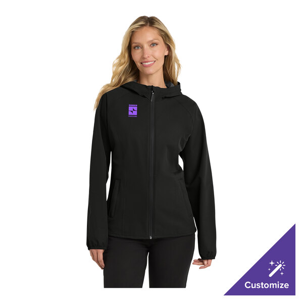 A women's black rain jacket with a customizable logo on the chest.