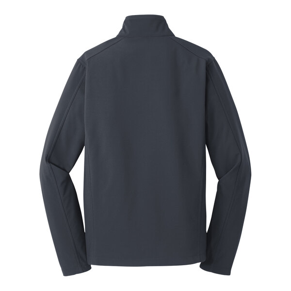 A back view of a Port Authority men's black soft shell jacket with long sleeves.