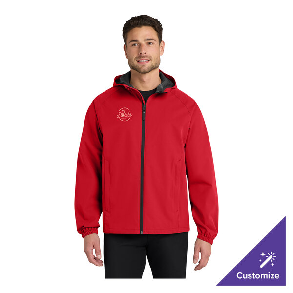 A unisex extra large red rain jacket with a customizable logo on the chest.