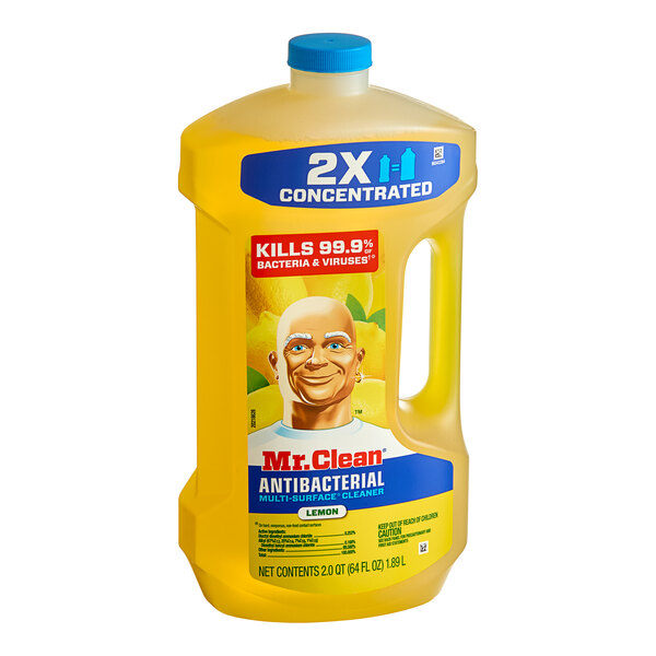A yellow bottle of Mr. Clean Lemon Scented Antibacterial Multi-Surface Cleaner with a blue label.
