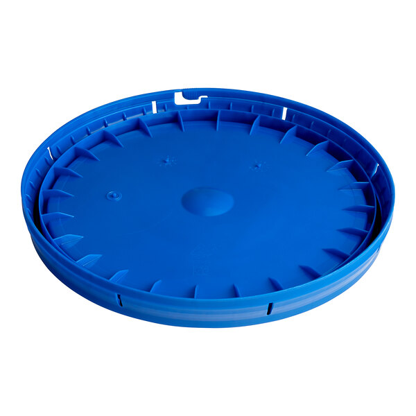 A blue plastic BWAY round pail cover with a tear skirt and gasket.