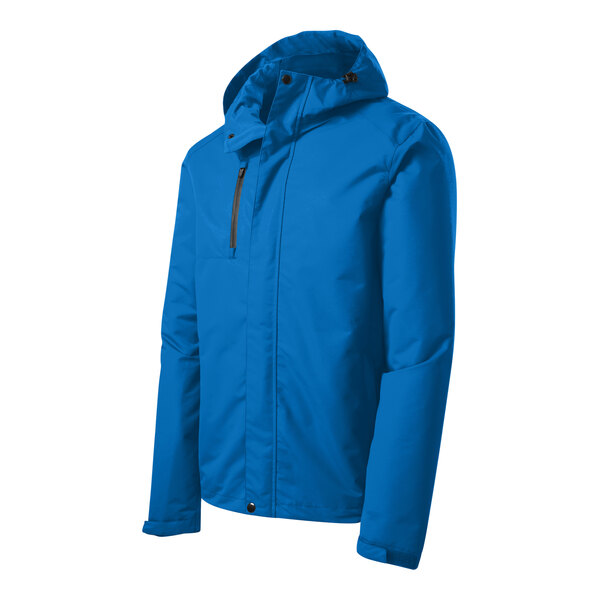A Port Authority blue parka jacket with a hood and zipper.