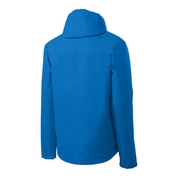 A blue Port Authority parka jacket with a hood.