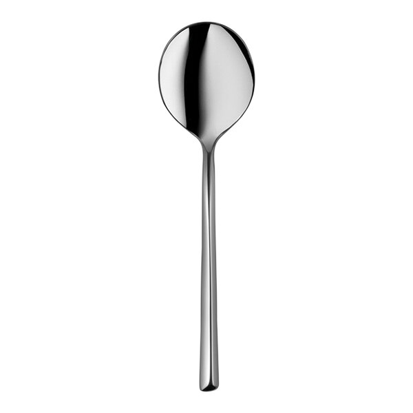 A close-up of a silver spoon with a long handle.