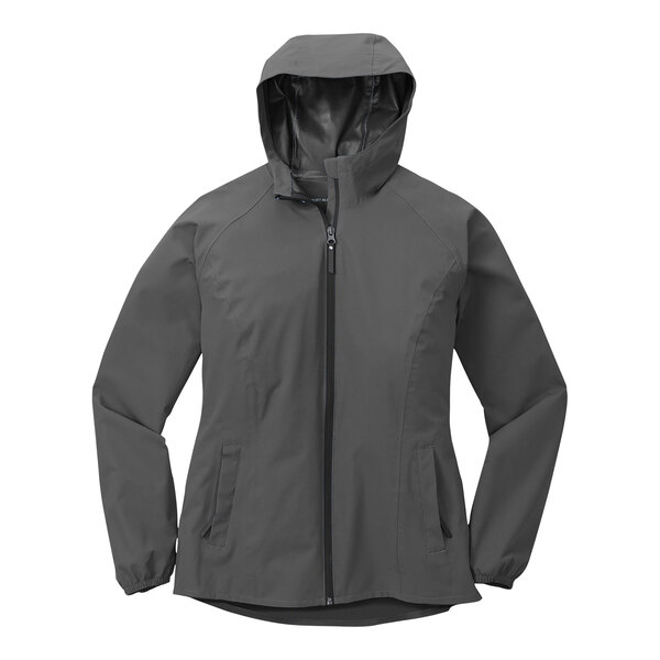A white background with a graphite Port Authority women's rain jacket with a hood.