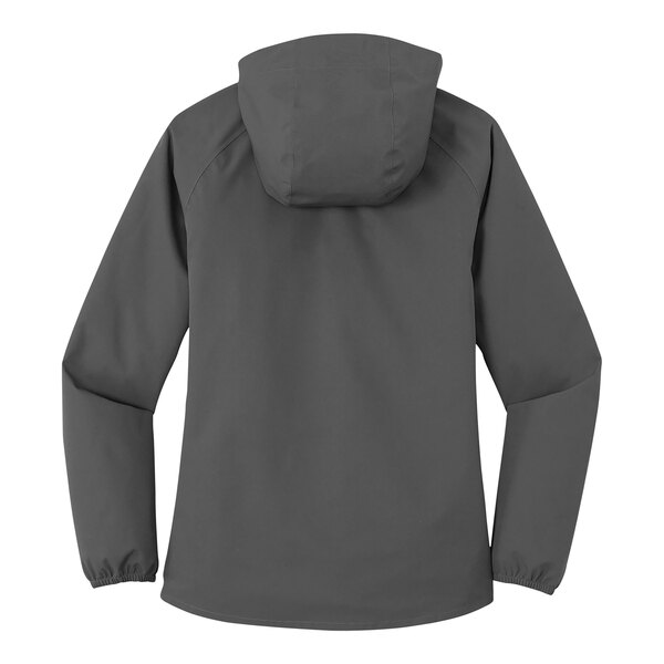 A graphite Port Authority rain jacket for women with a hood.