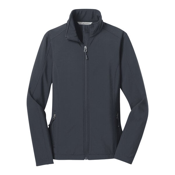 A Port Authority women's Battleship Gray soft shell jacket with a zipper.