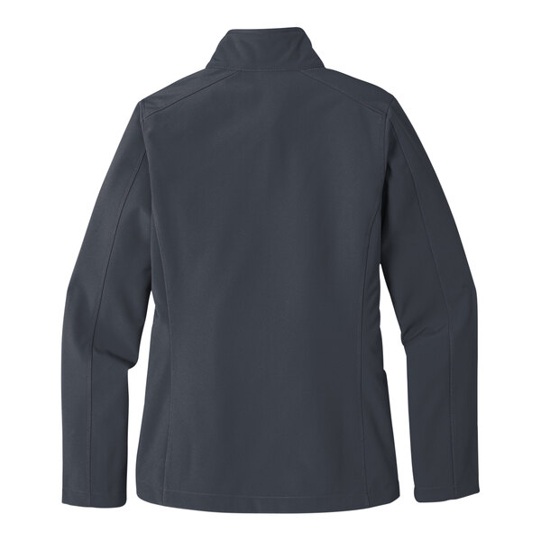 A back view of a Port Authority ladies' battleship gray soft shell jacket.
