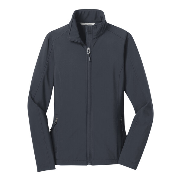 A Port Authority women's battleship gray soft shell jacket with a zipper.