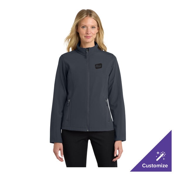 A women's customizable battleship gray soft shell jacket with a front zipper and zippered pockets.