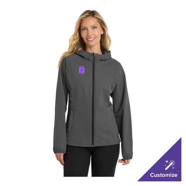 A women's graphite rain jacket with a hood and front zipper, shown in a customizable style.