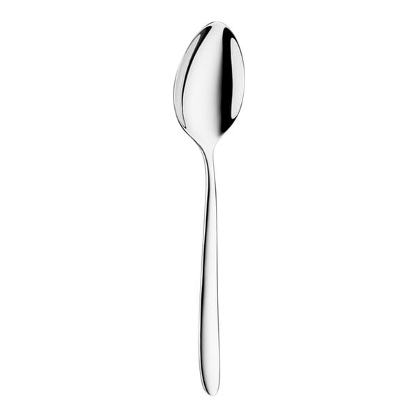 A silver spoon with a long handle.