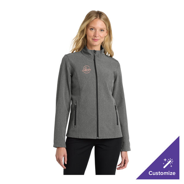A women's pearl gray heather soft shell jacket with a front zipper and customizable logo on the chest.