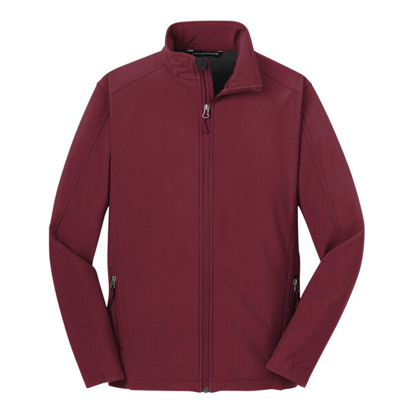 A maroon Port Authority soft shell jacket with a zipper.