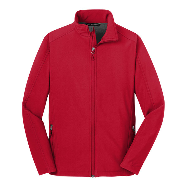 A Port Authority red soft shell jacket with a zipper.