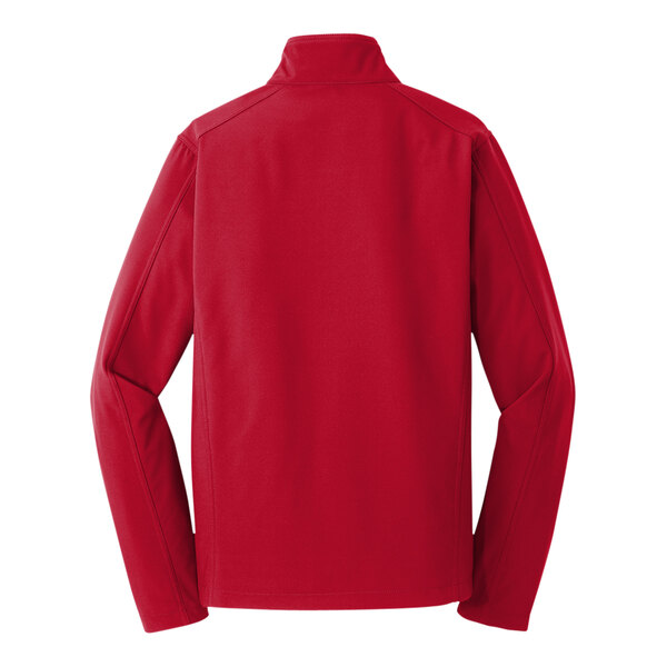 A Port Authority rich red soft shell jacket with long sleeves.
