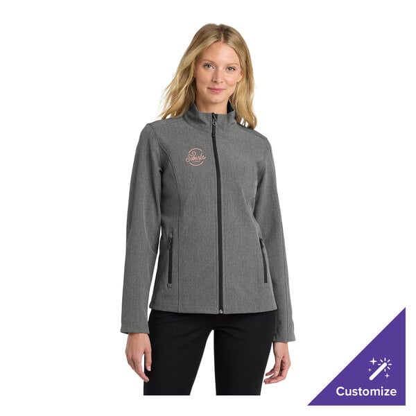 A women's pearl gray heather soft shell jacket with a customizable logo on the chest.