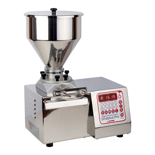 A Pavoni Dosiplus Pro donut filler machine with a digital display and a funnel.