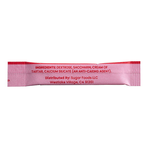 A pink ecoStick packet with red text containing saccharin.