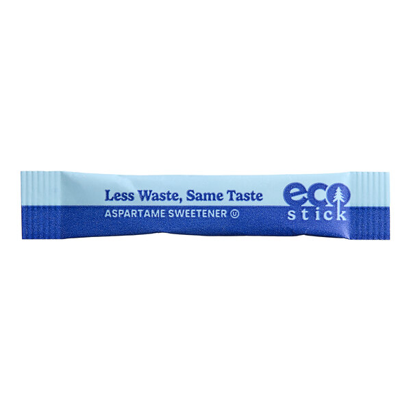 A blue and white ecoStick packet of sugar substitute with a blue and white label.
