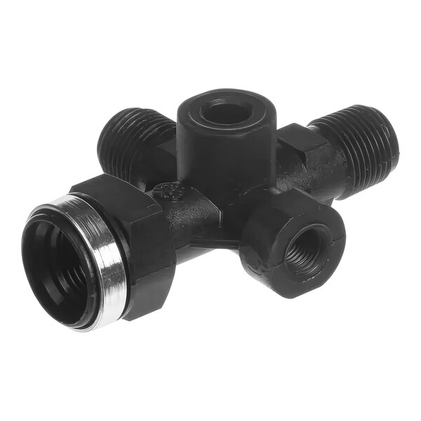 A black plastic pipe with silver metal fittings on both ends.