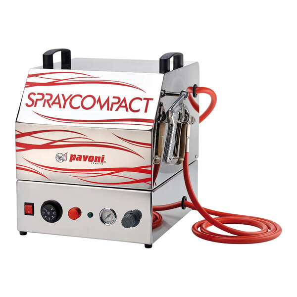 A stainless steel Pavoni Spray Compact electric gelatin sprayer with red hoses.