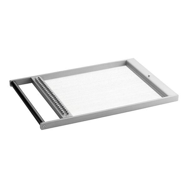 A rectangular metal cutting frame with parallel wires and a handle, designed for slicing food items.
