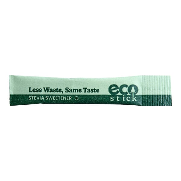 A green and white ecoStick packet of Green Stevia sweetener.