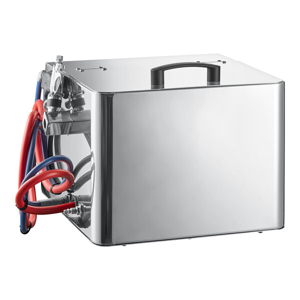 A stainless steel countertop electric chocolate sprayer with attached hoses and a carrying handle.