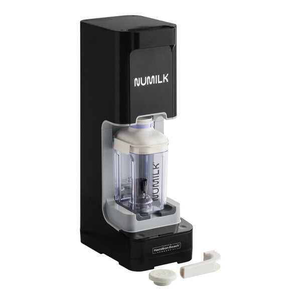 A black and white Numilk commercial plant-based milk mixer with a white plastic container and lid.