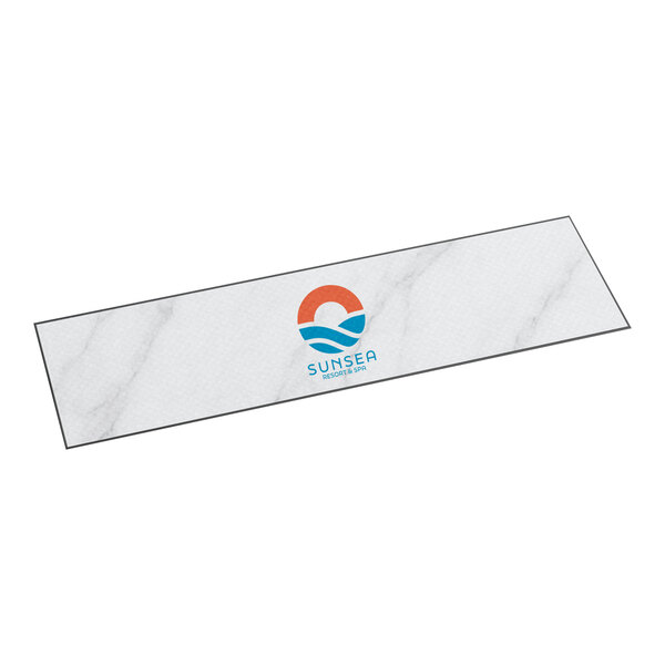 A rectangular, customizable anti-fatigue entrance mat with a marble-like pattern and a central logo, designed for indoor or outdoor use.