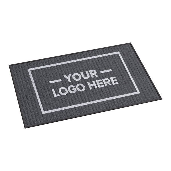A rectangular, customizable gray entrance mat with a waffle texture and a white border, designed for indoor or outdoor use.