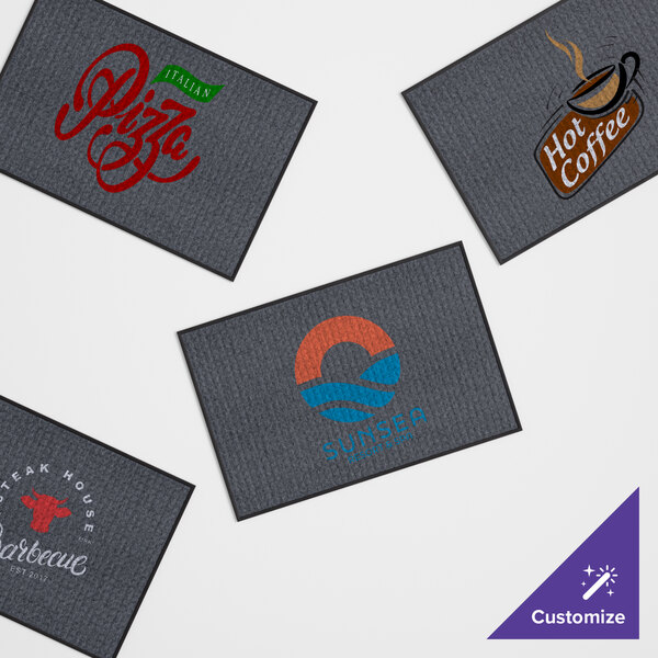 A set of customizable rectangular waffle-patterned entrance mats with various printed designs and logos.