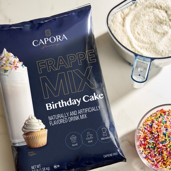 A 3.5 lb. bag of Capora Birthday Cake Frappe Mix, a naturally and artificially flavored drink mix.