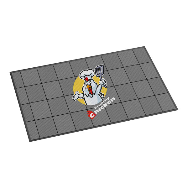 A rectangular gray anti-fatigue entrance mat with a cartoon chicken chef and the text 'Krunchy Chicken' printed on it.