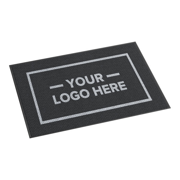 A black rectangular customizable anti-fatigue entrance mat with a bordered area for a logo, suitable for indoor or outdoor use.