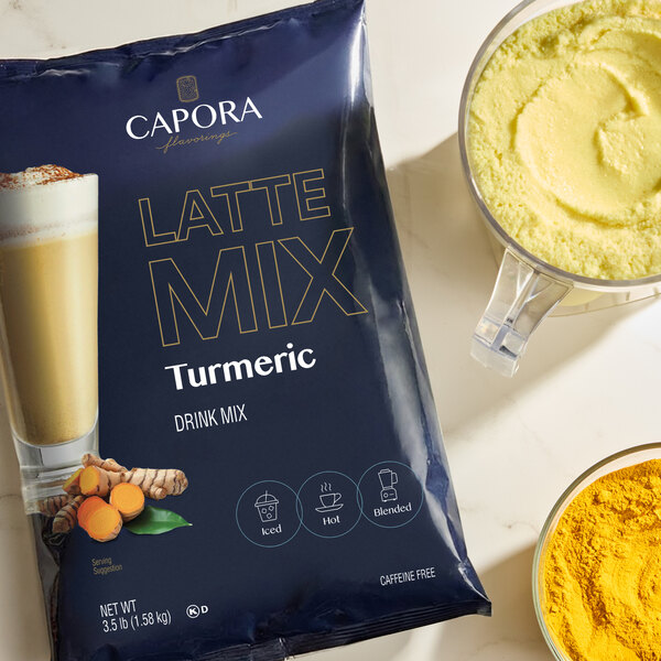 A 3.5 lb. bag of Capora Turmeric Latte Mix for making turmeric-flavored drinks.
