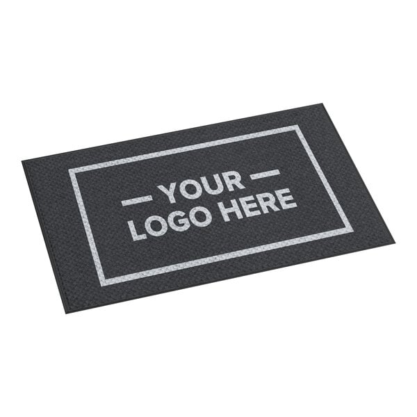 A customizable black entrance mat with a white border and placeholder text for a logo, designed for indoor or outdoor use.