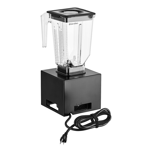 A black Blendtec Chef 4 hp blender with a clear glass jar and a cord attached.