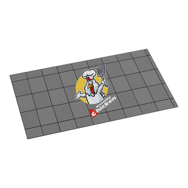 A gray rectangular anti-fatigue entrance mat with a grid pattern and a cartoon chicken chef logo in the center, labeled 'Krunchy Chicken.'