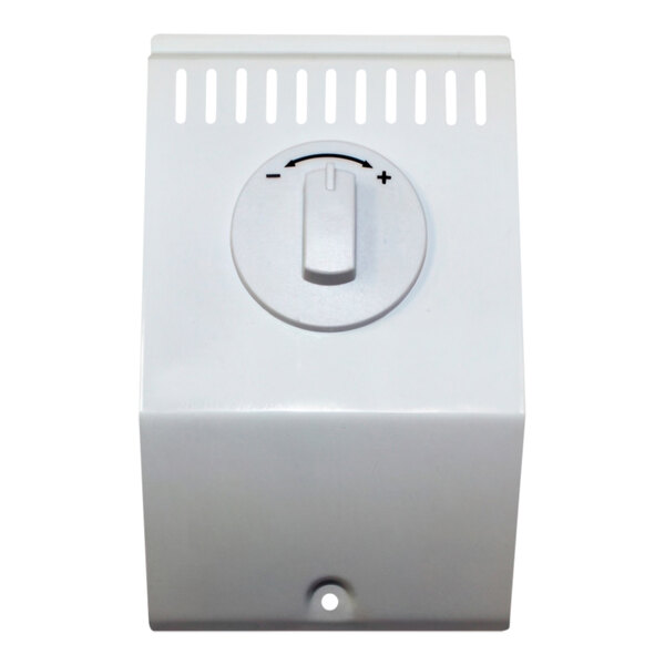 A white box with a white knob and black dial with a black arrow.