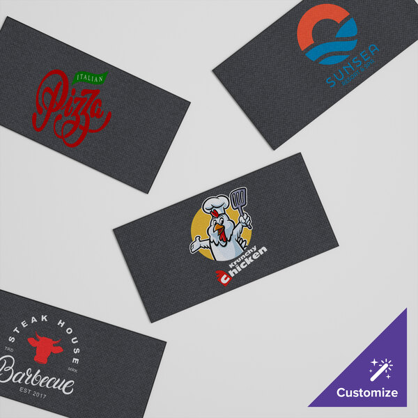 A customizable upscale anti-fatigue Berber entrance mat with various logo designs displayed on a gray background.