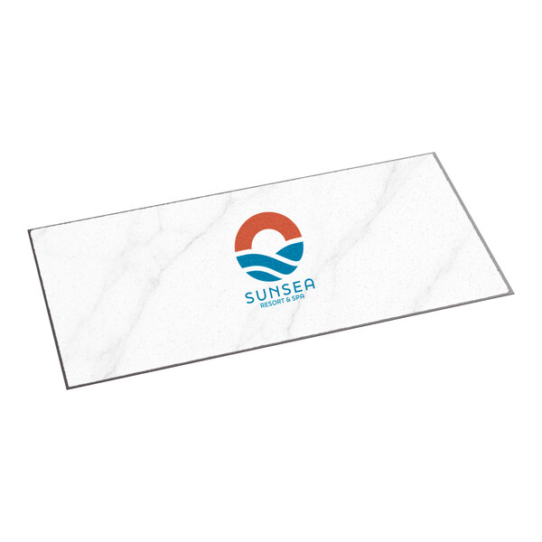 A rectangular white entrance mat with a marble-like pattern and a customizable logo in the center.