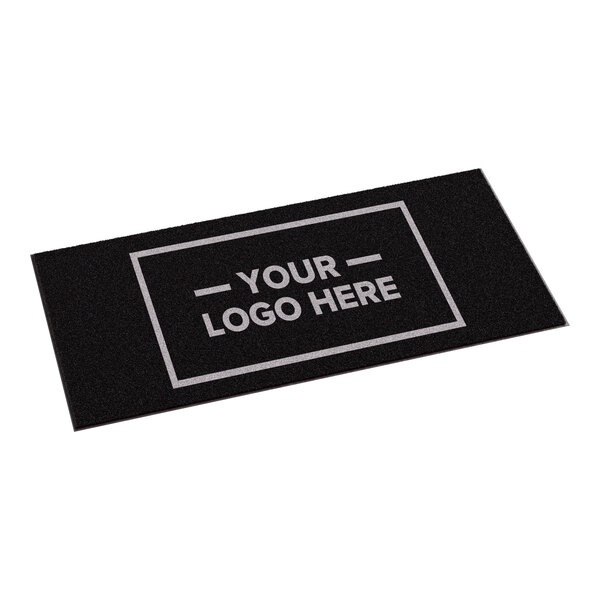 A rectangular black customizable entrance mat with a border and the text 'YOUR LOGO HERE' in the center.